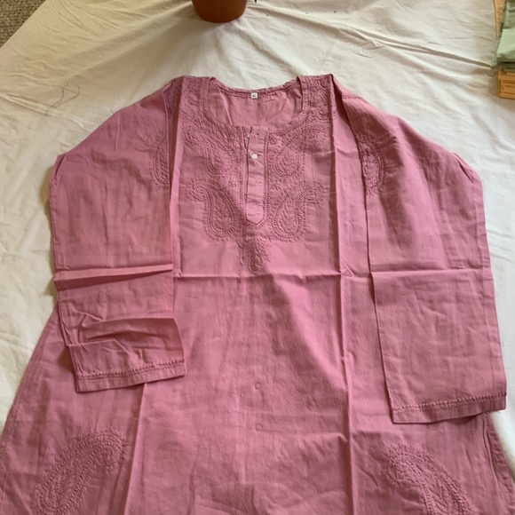 Tunic Woman’s Long Sleeve Hand Embroidered 100%Cotton Paisley Design Purple Pink - Picture 2 of 7